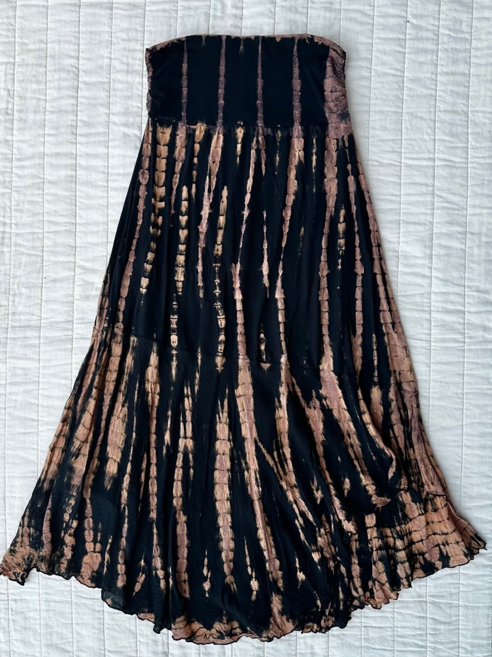 Black and Tan Tie-Dye Midi Skirt - Strapless Boho Style